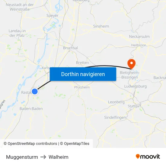 Muggensturm to Walheim map
