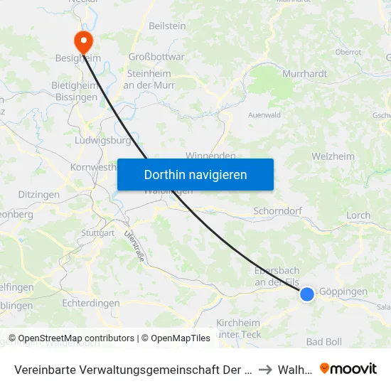 Vereinbarte Verwaltungsgemeinschaft Der Stadt Uhingen to Walheim map