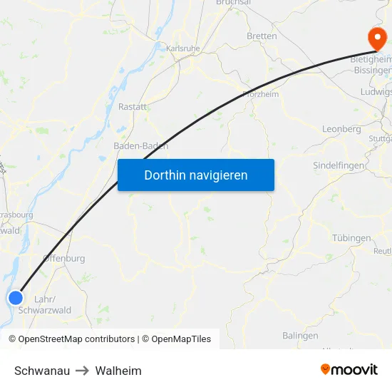 Schwanau to Walheim map