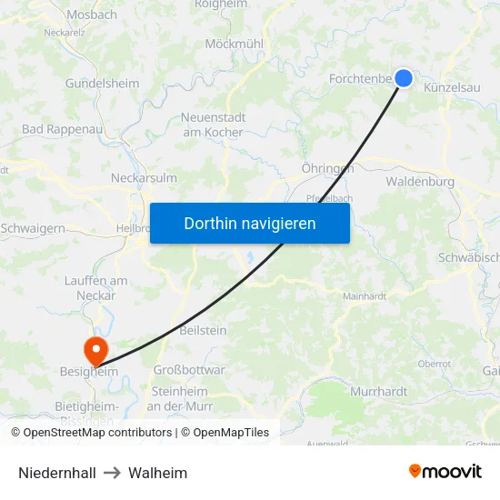 Niedernhall to Walheim map
