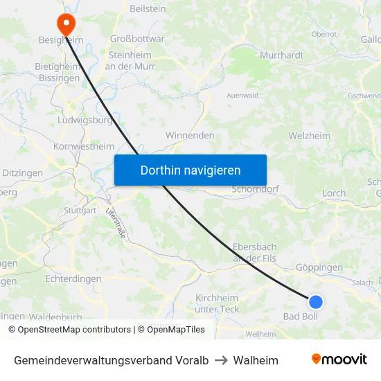 Gemeindeverwaltungsverband Voralb to Walheim map