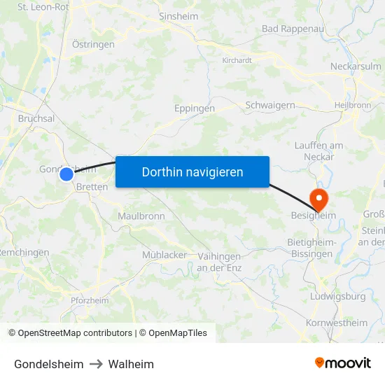 Gondelsheim to Walheim map