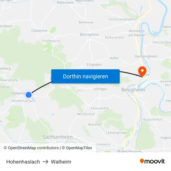Hohenhaslach to Walheim map