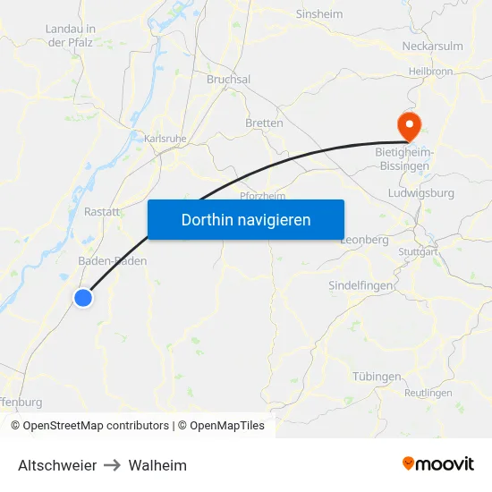 Altschweier to Walheim map