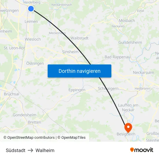 Südstadt to Walheim map