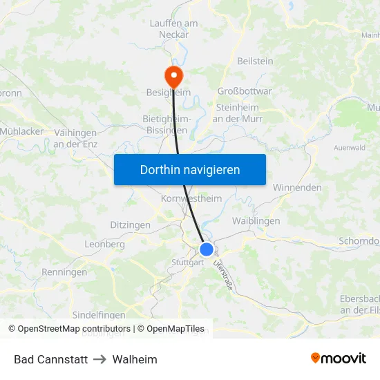 Bad Cannstatt to Walheim map