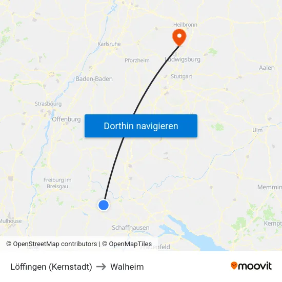 Löffingen (Kernstadt) to Walheim map