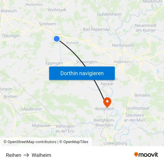 Reihen to Walheim map