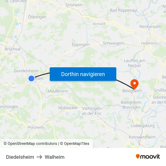 Diedelsheim to Walheim map
