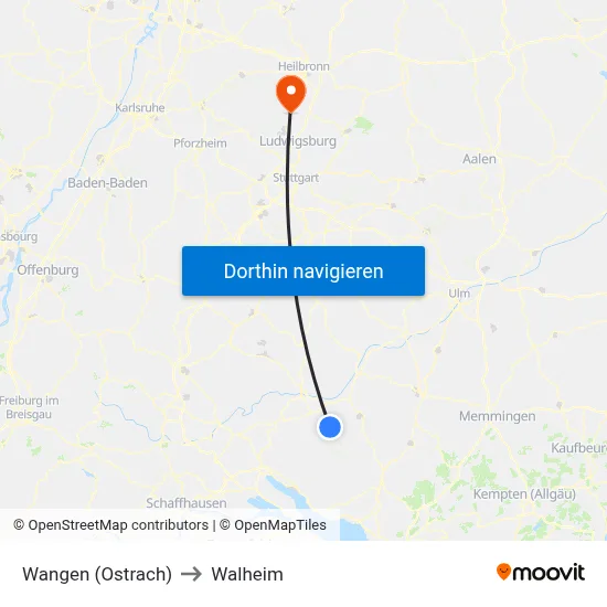 Wangen (Ostrach) to Walheim map