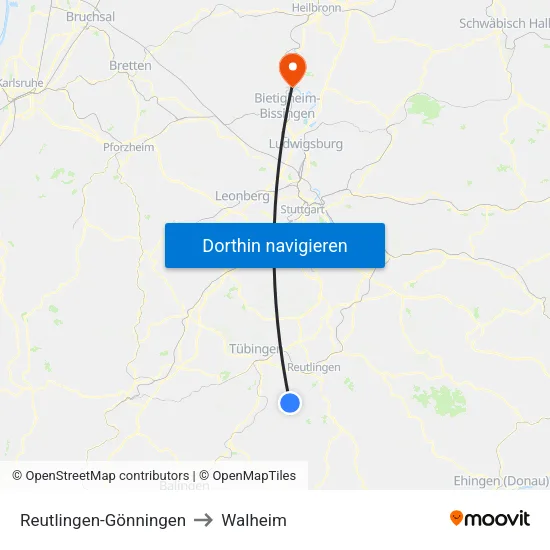 Reutlingen-Gönningen to Walheim map