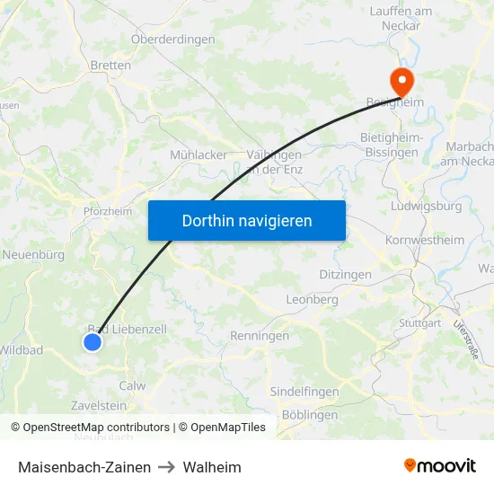 Maisenbach-Zainen to Walheim map