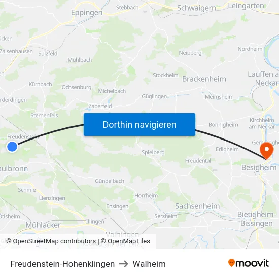 Freudenstein-Hohenklingen to Walheim map