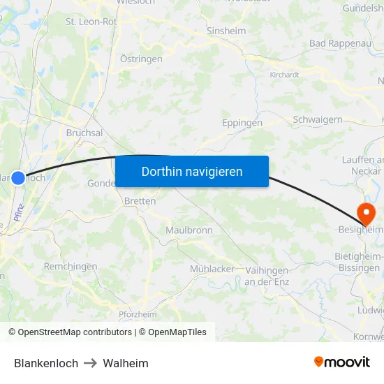 Blankenloch to Walheim map