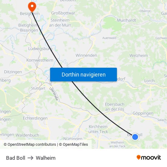 Bad Boll to Walheim map