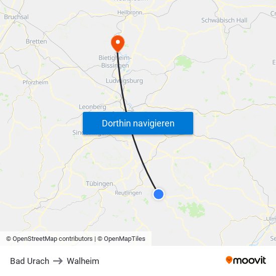 Bad Urach to Walheim map
