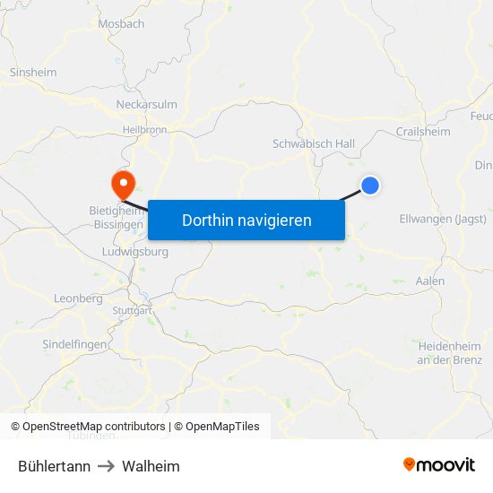 Bühlertann to Walheim map