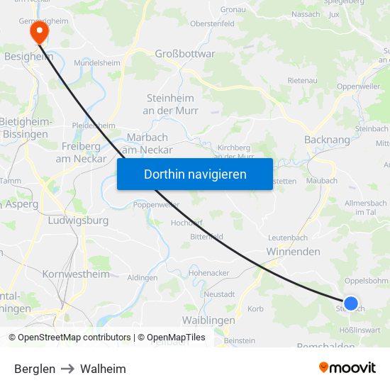 Berglen to Walheim map
