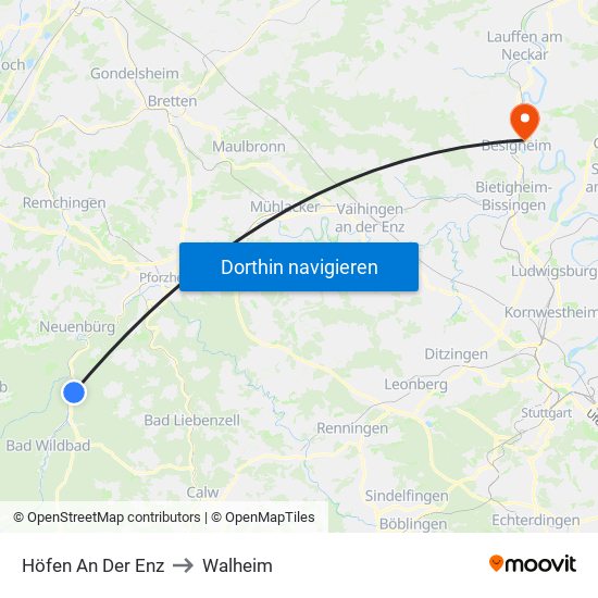 Höfen An Der Enz to Walheim map