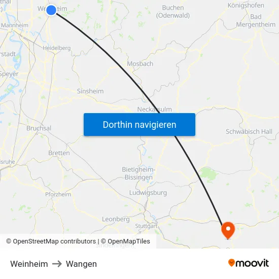 Weinheim to Wangen map