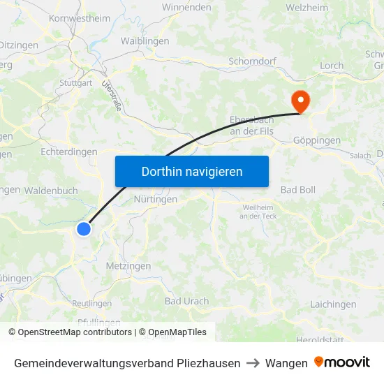Gemeindeverwaltungsverband Pliezhausen to Wangen map
