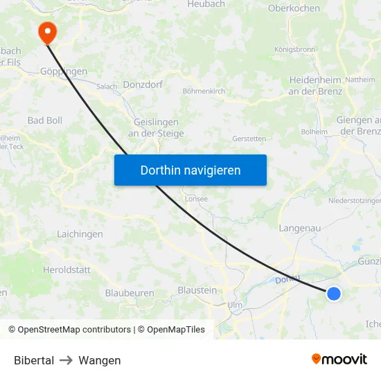 Bibertal to Wangen map