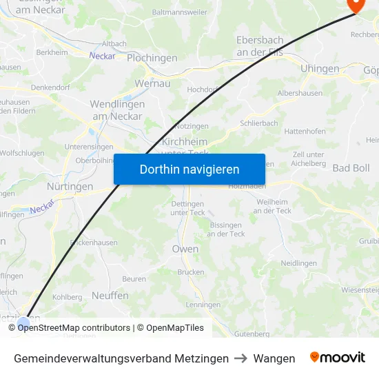 Gemeindeverwaltungsverband Metzingen to Wangen map