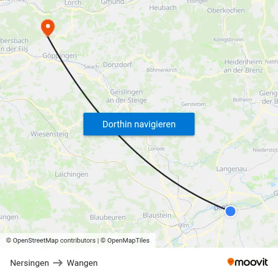 Nersingen to Wangen map