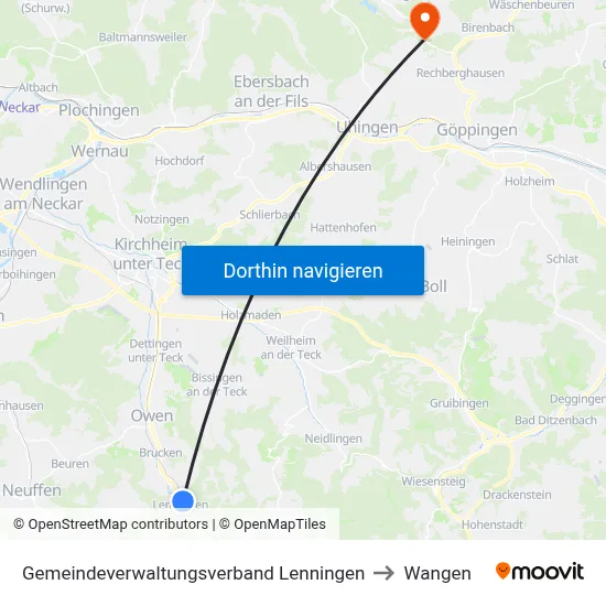 Gemeindeverwaltungsverband Lenningen to Wangen map