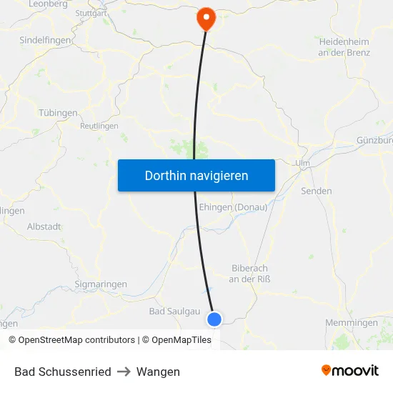 Bad Schussenried to Wangen map