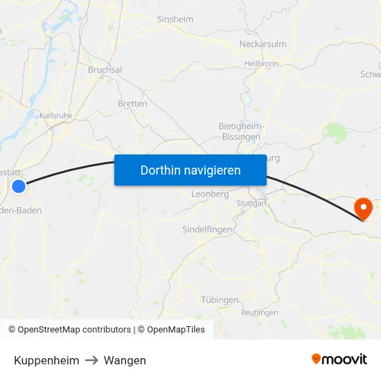 Kuppenheim to Wangen map