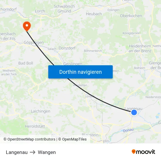 Langenau to Wangen map