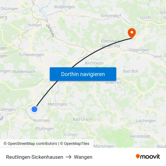 Reutlingen-Sickenhausen to Wangen map