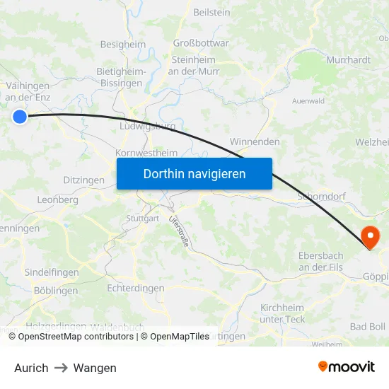 Aurich to Wangen map