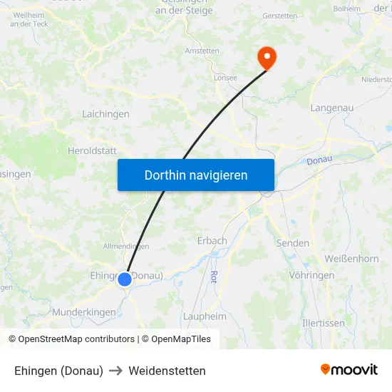 Ehingen (Donau) to Weidenstetten map