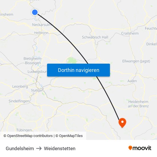 Gundelsheim to Weidenstetten map