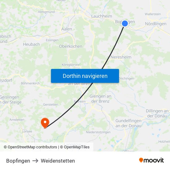 Bopfingen to Weidenstetten map