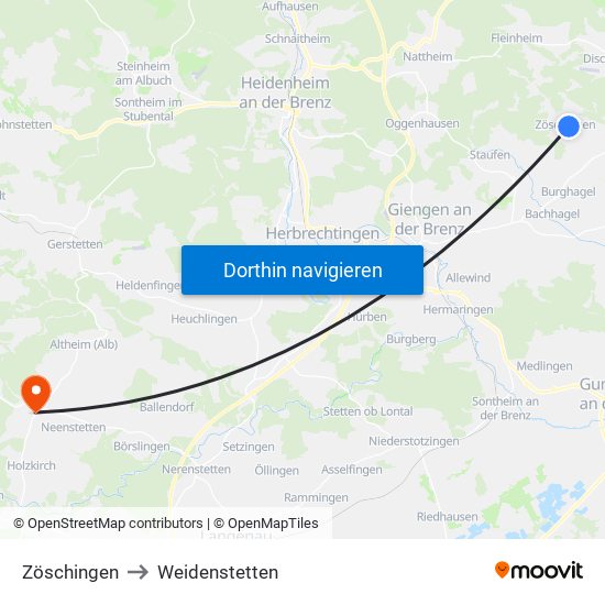 Zöschingen to Weidenstetten map