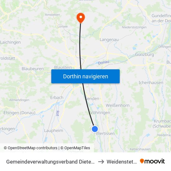 Gemeindeverwaltungsverband Dietenheim to Weidenstetten map