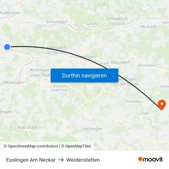 Esslingen Am Neckar to Weidenstetten map