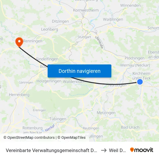 Vereinbarte Verwaltungsgemeinschaft Der Stadt Kirchheim Unter Teck to Weil Der Stadt map