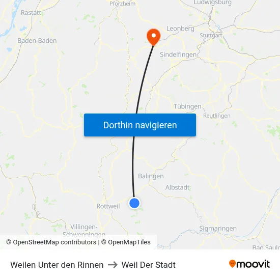 Weilen Unter den Rinnen to Weil Der Stadt map