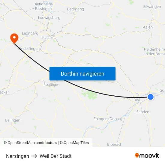Nersingen to Weil Der Stadt map