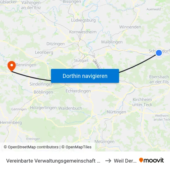 Vereinbarte Verwaltungsgemeinschaft Der Stadt Schorndorf to Weil Der Stadt map