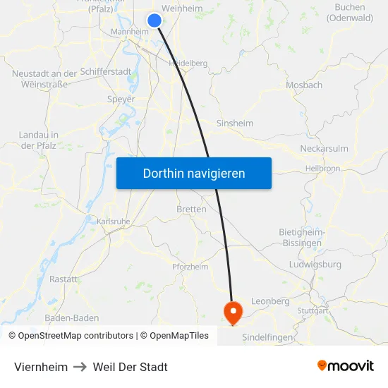 Viernheim to Weil Der Stadt map