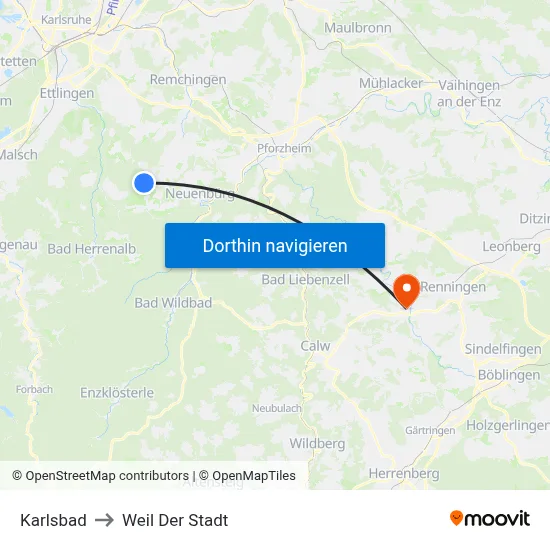 Karlsbad to Weil Der Stadt map