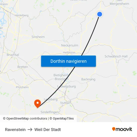 Ravenstein to Weil Der Stadt map