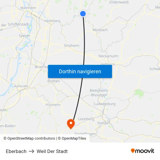 Eberbach to Weil Der Stadt map