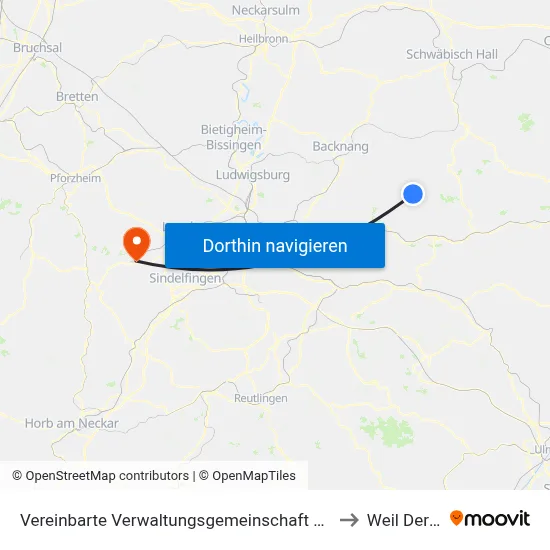 Vereinbarte Verwaltungsgemeinschaft Der Stadt Welzheim to Weil Der Stadt map