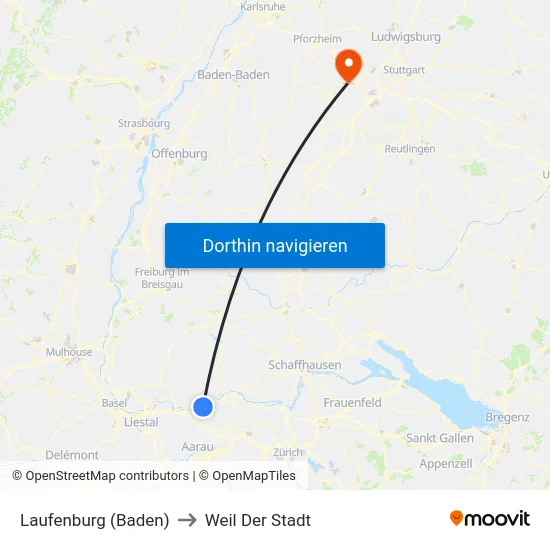 Laufenburg (Baden) to Weil Der Stadt map